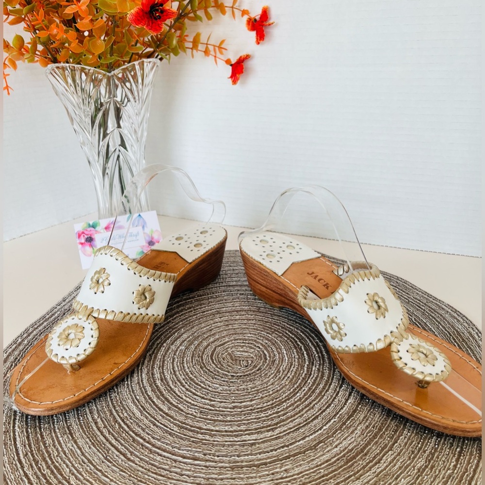 JACK ROGERS USA Sandals “Hamptons”Platinum (Retired) Mid-Wedge White w Gold Trim - Picture 6 of 14